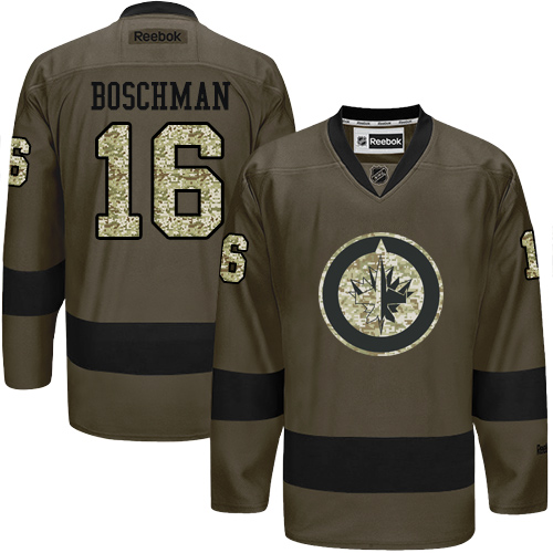 Mens Reebok Winnipeg Jets 16 Laurie Boschman Authentic Green Salute to Service NHL Jersey